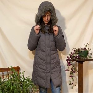 Gap, Long Puffer Coat with Feux Fur Hood